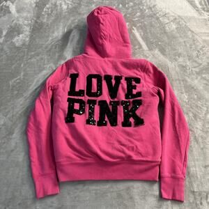 PINK Victoria's Secret Hoodie XS Pink Faux Fur Lined Sequin Zip Up Y2K VTG
